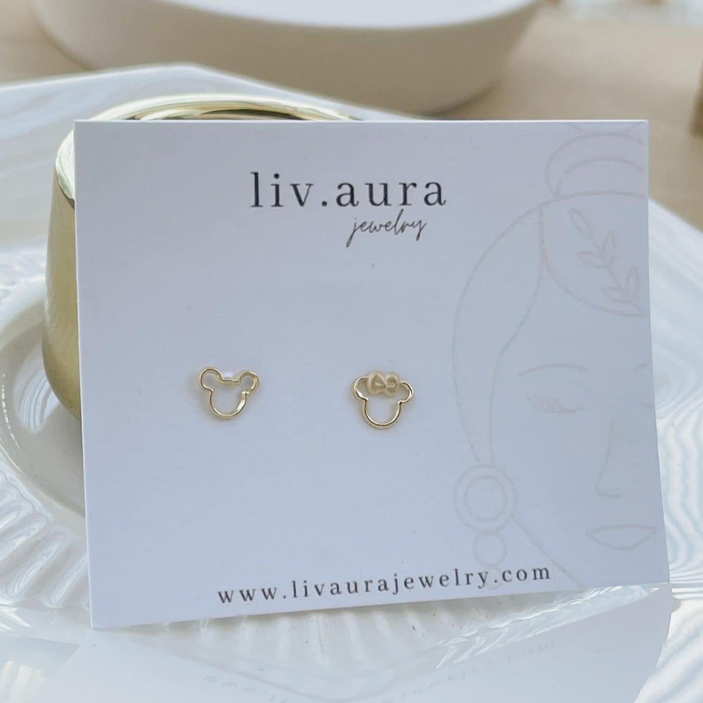 Load image into Gallery viewer, Minnie Mouse Stud Earrings 10K Gold - Liv.Aura Jewelry
