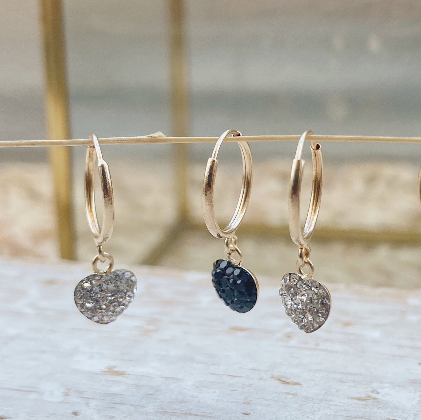 Load image into Gallery viewer, These lovely 10K Gold Hoops with Heart Dangle Drop Earrings are the perfect gift for Valentines Day, Mothers Day or any other occasion.
