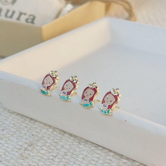 Load image into Gallery viewer, These 10K Gold Princess Earrings are the perfect gift for little girls who love the Little Mermaid. Inspired by Ariel, these earrings are sure to make every little girl feel like a princess
