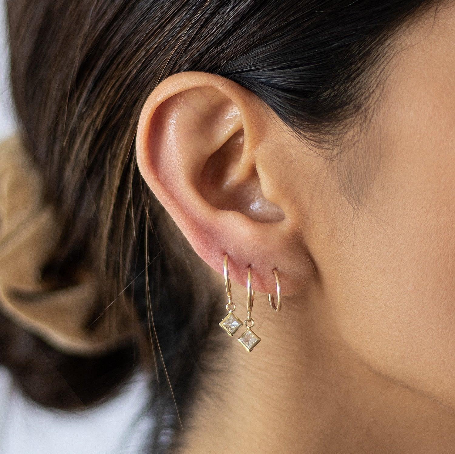 Rhomboid CZ Bezel Dangle Hoop Earrings 10K Gold - Liv.Aura Jewelry