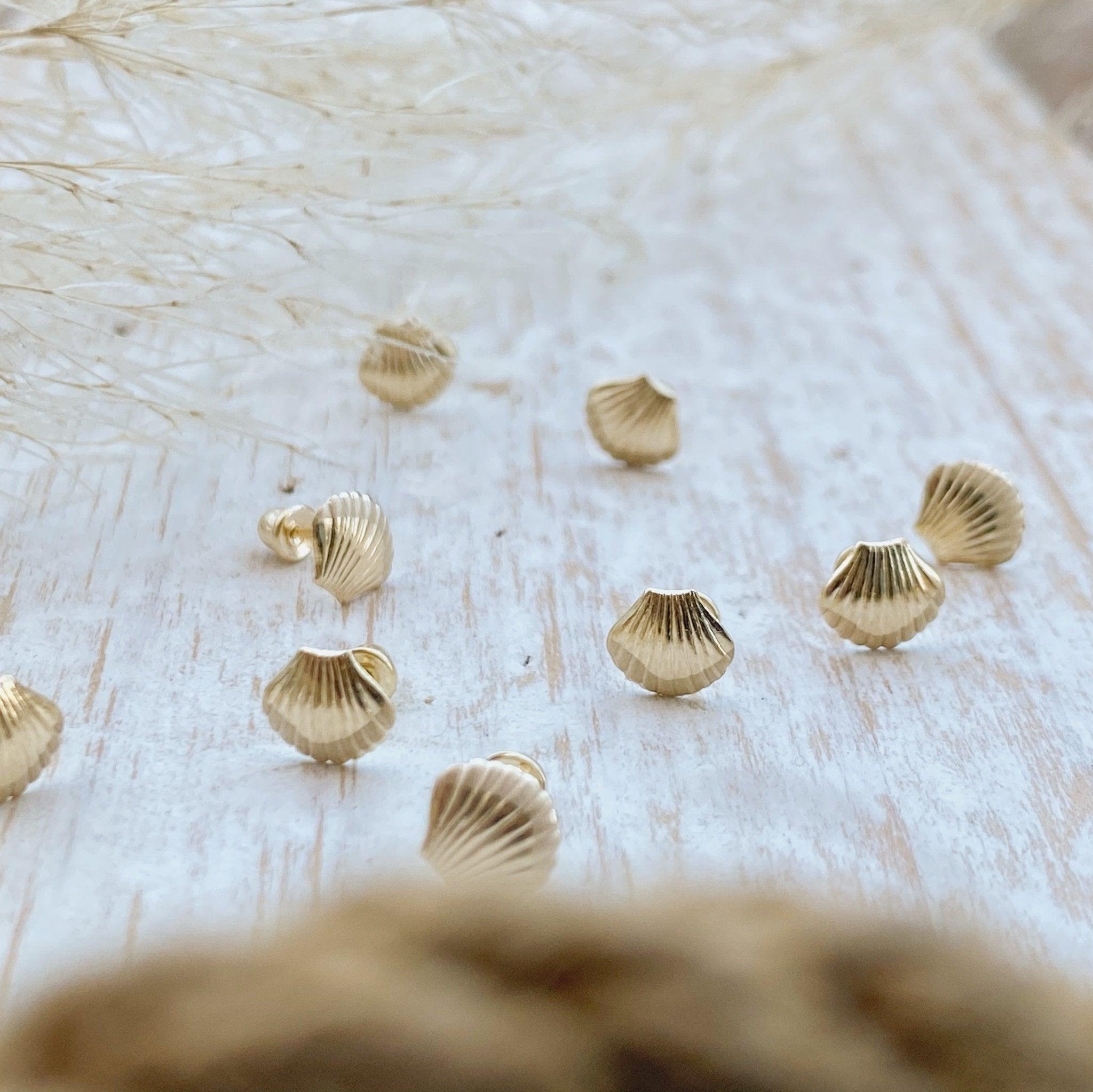 Seashell Stud Earrings 10K Gold – Waterproof, Hypoallergenic, Screw Backs - Liv.Aura Jewelry
