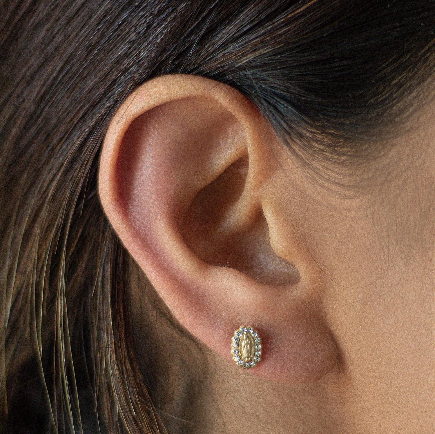 Virgin Mary Stud Earrings 10K Gold – Screw Back, Hypoallergenic & Waterproof - Liv.Aura Jewelry